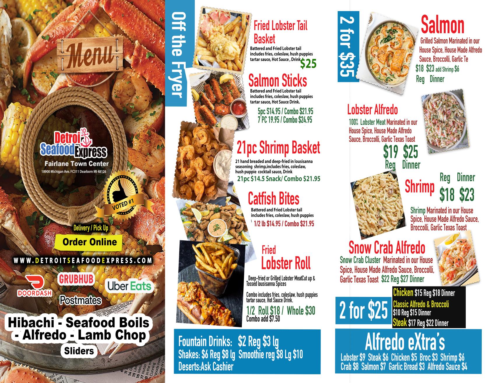 Detroit Seafood Spot menu — steaks, drinks and specials