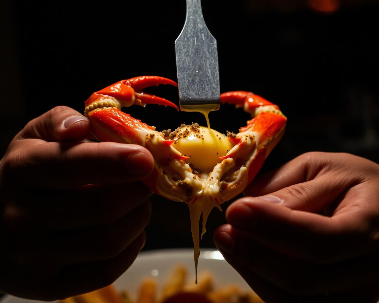 Crab legs being cracked open with butter dripping